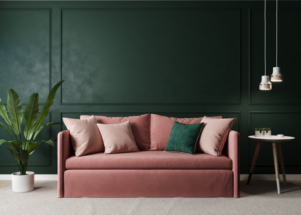 Home interior mock up with pink sofa, table and decor in green l